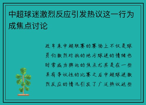 中超球迷激烈反应引发热议这一行为成焦点讨论