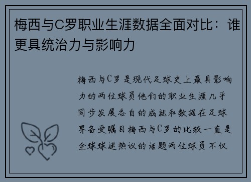 梅西与C罗职业生涯数据全面对比：谁更具统治力与影响力