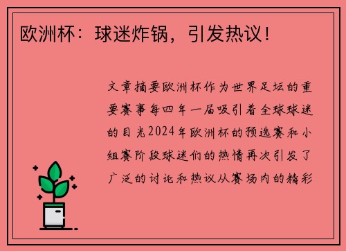 欧洲杯：球迷炸锅，引发热议！