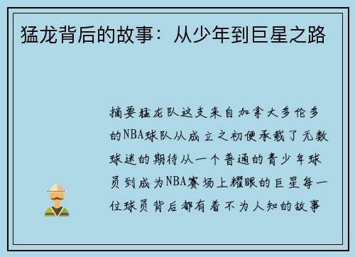 猛龙背后的故事：从少年到巨星之路