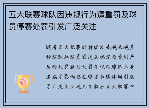 五大联赛球队因违规行为遭重罚及球员停赛处罚引发广泛关注